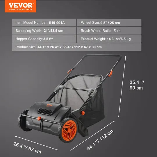 VEVOR Push Lawn Sweeper 21in Hand-Push Leaf Collector